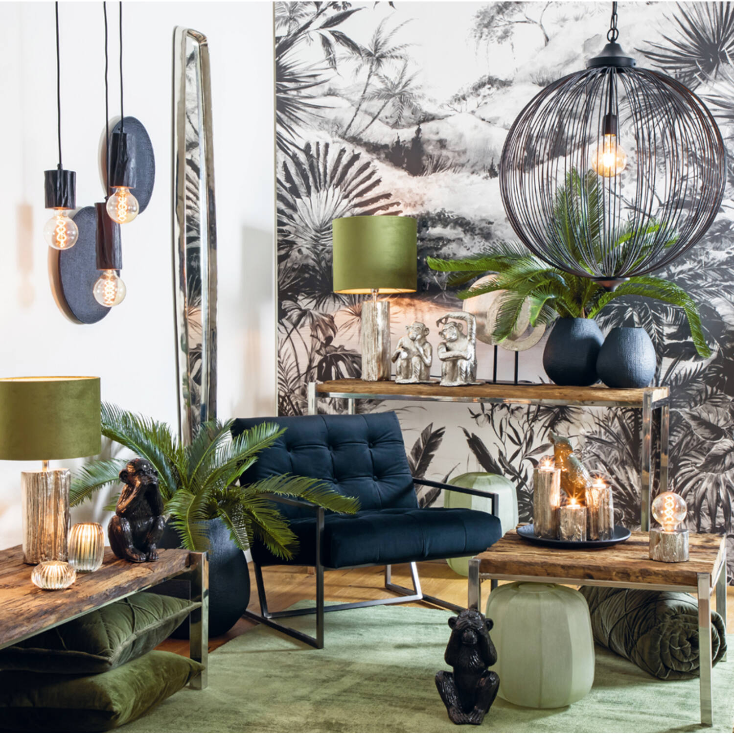 Abat-jour vert rétro avec intérieur argenté Light & Living Velours – Image 3