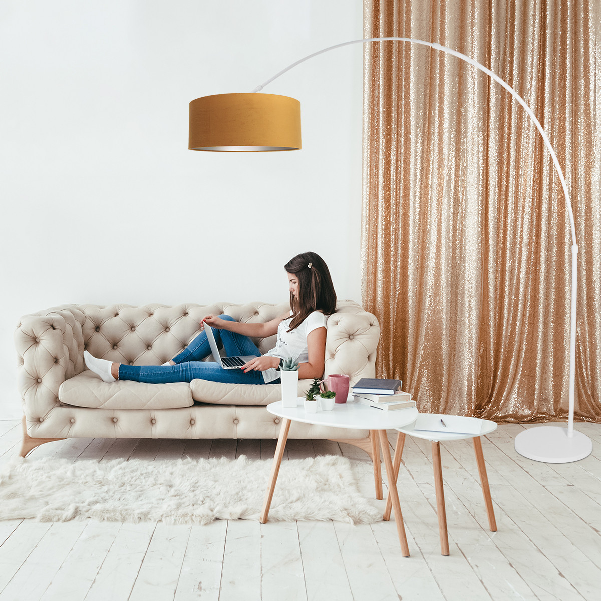 Lampadaire blanc abat-jour ocre Steinhauer Sparkled light or et opaque – Image 3