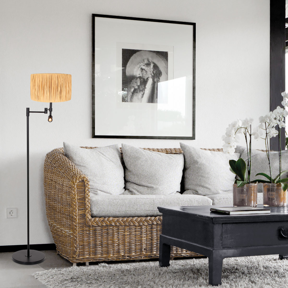 Lampadaire liseuse design noir abat-jour raphia Steinhauer Stang naturel et noir – Image 3