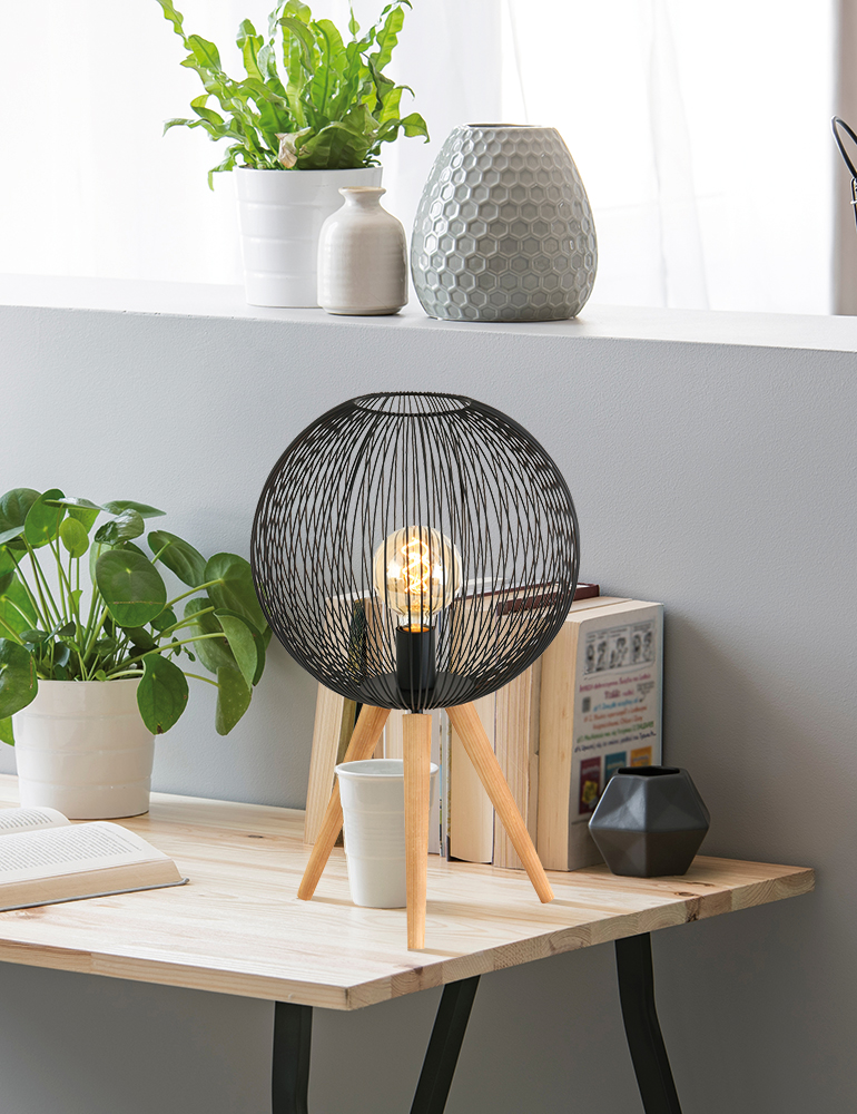 Lampe sur trépied avec abat-jour fil de fer Sputnik Anne Lighting noir et bois – Image 3