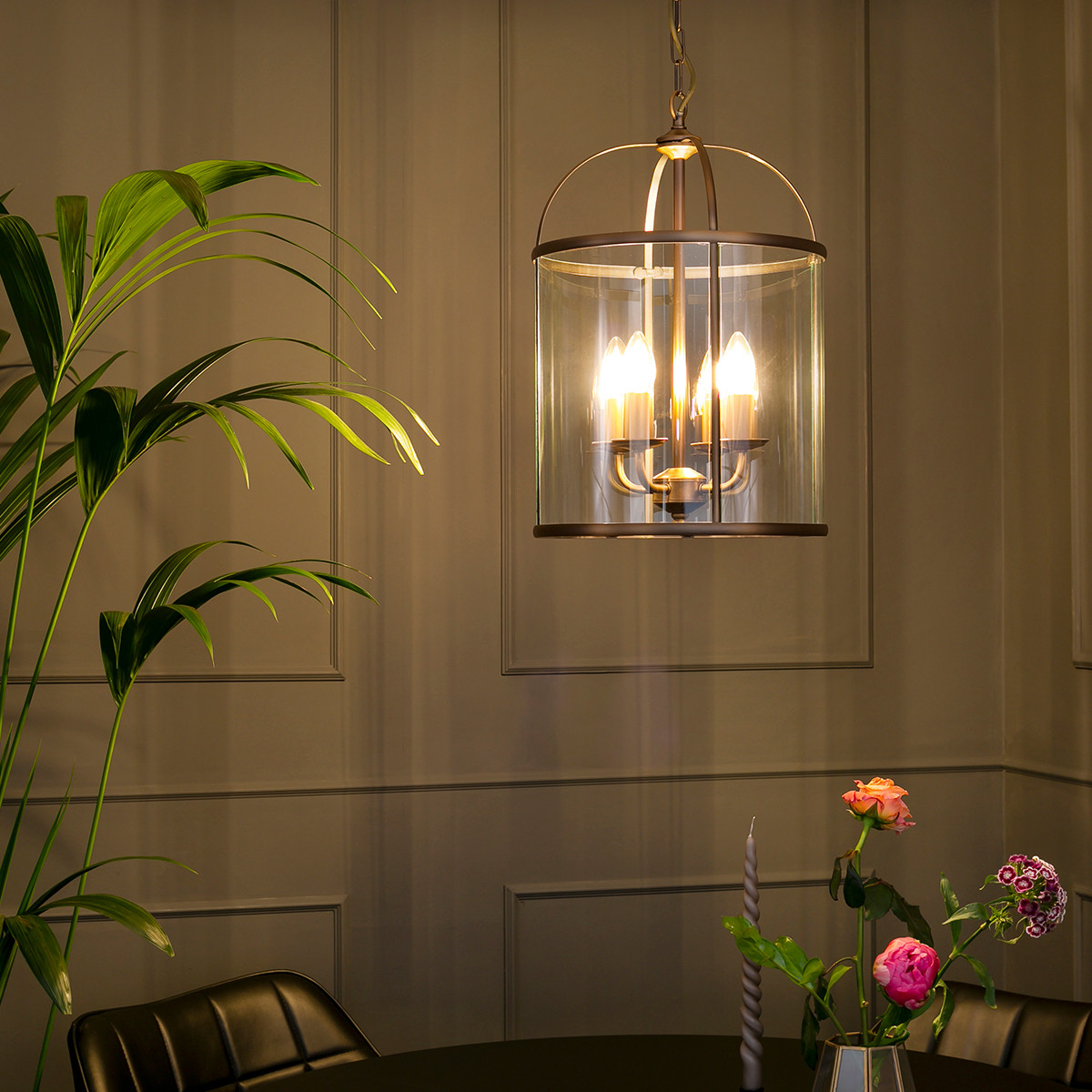 Suspension 4 lumières en forme de lanterne bronze métal/verre Steinhauer Pimpernel – Image 4