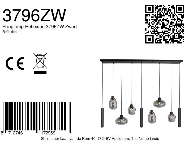 Lustre noir à 9 lumières avec tubes / globes en verre Steinhauer Reflexion – Image 7