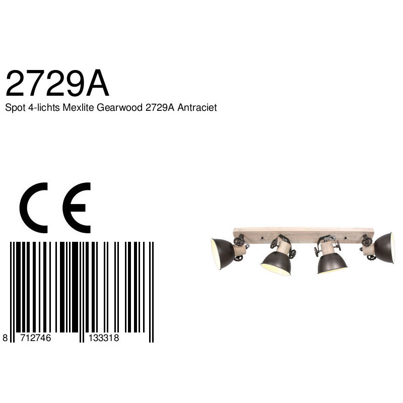 Plafonnier industriel à quatre spots Gerwood Mexlite bois et anthracite – Image 7