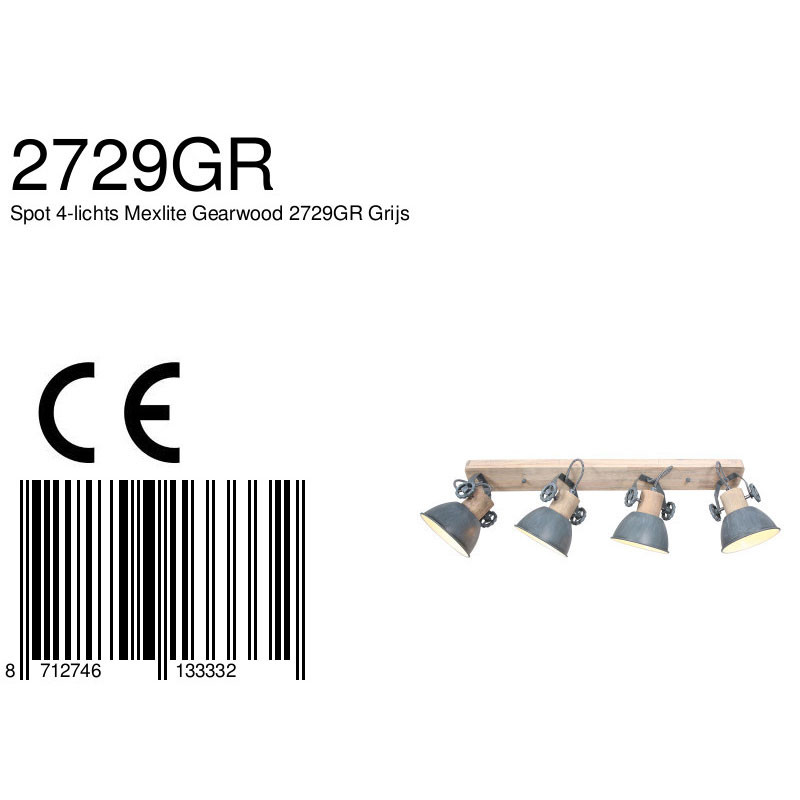 Plafonnier industriel à quatre spots Gerwood Mexlite bois et gris – Image 7