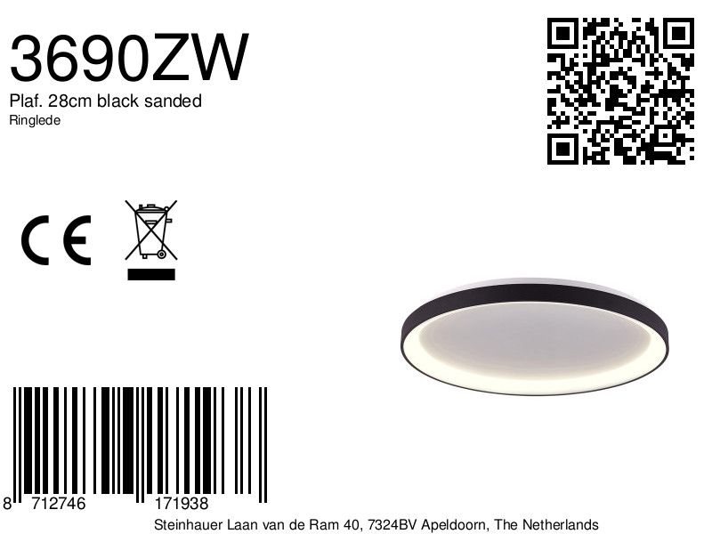 Plafonnier LED Rond Noir et Blanc Épuré Steinhauer Ringlede opaque et noir – Image 7