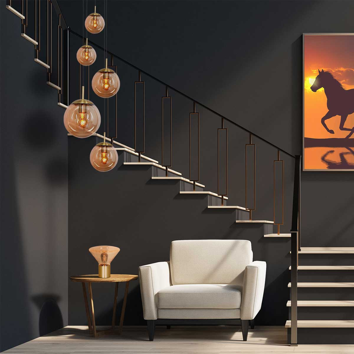 Suspension moderne en verre ambré et métal Steinhauer Bollique – Image 4