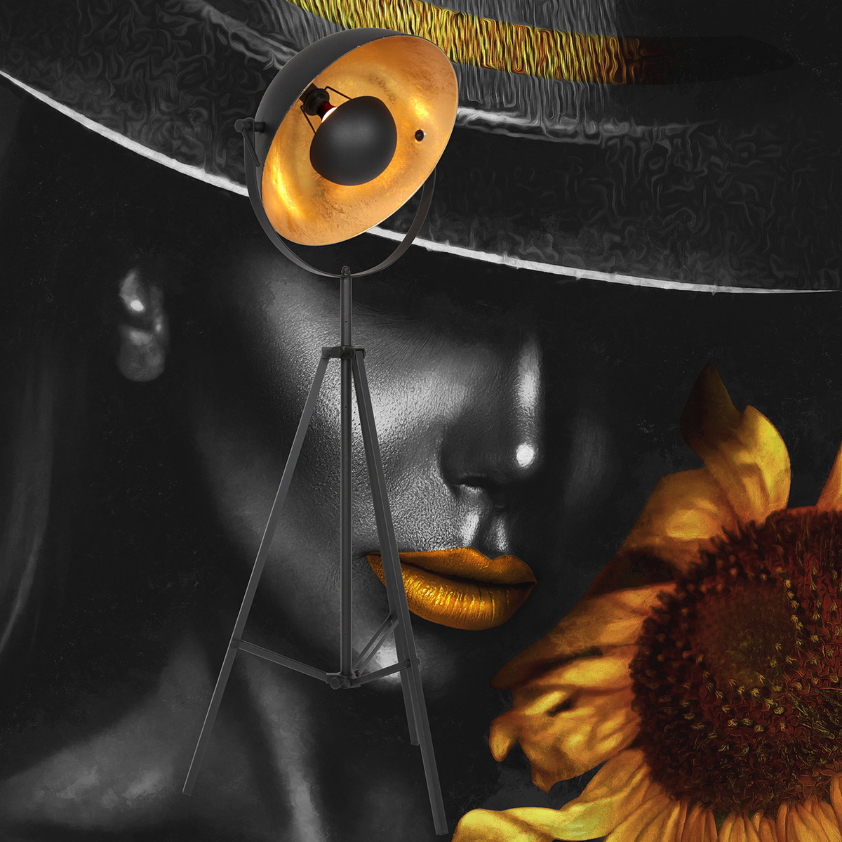 Lampadaire industriel noir avec abat-jour de tournesol doré Mexlite Sunflower – Image 4
