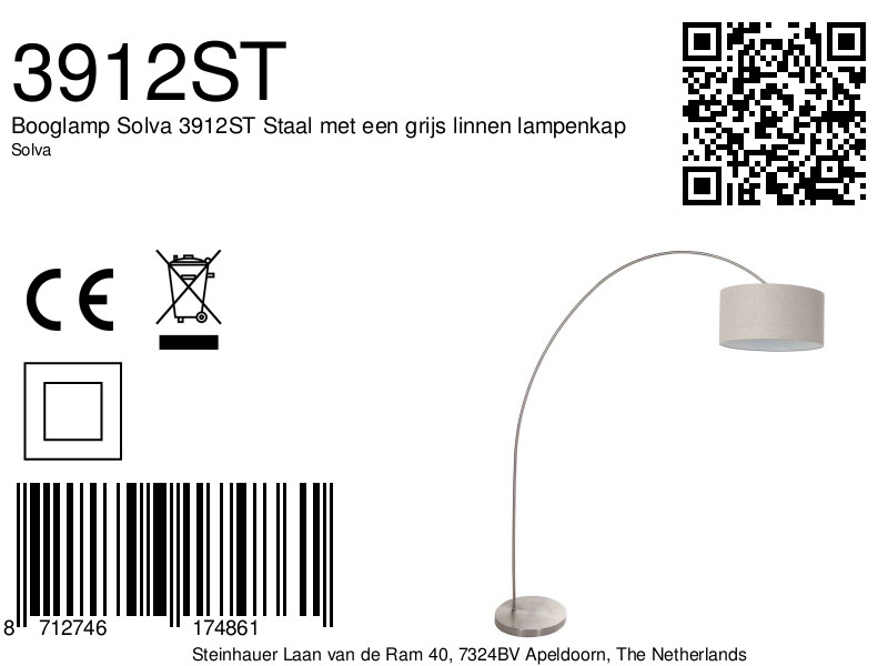 Lampadaire arc classique en acier avec abat-jour gris Mexlite Solva – Image 7