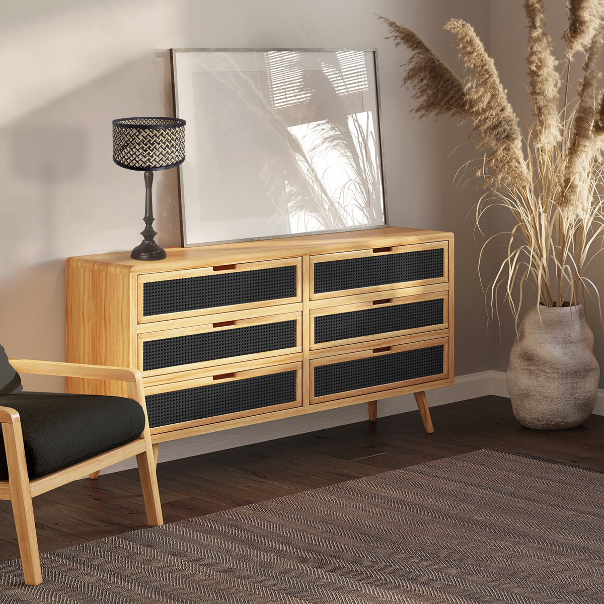 Lampe de table haute brillante avec abat-jour en osier Anne Light & Home Bois – Image 3