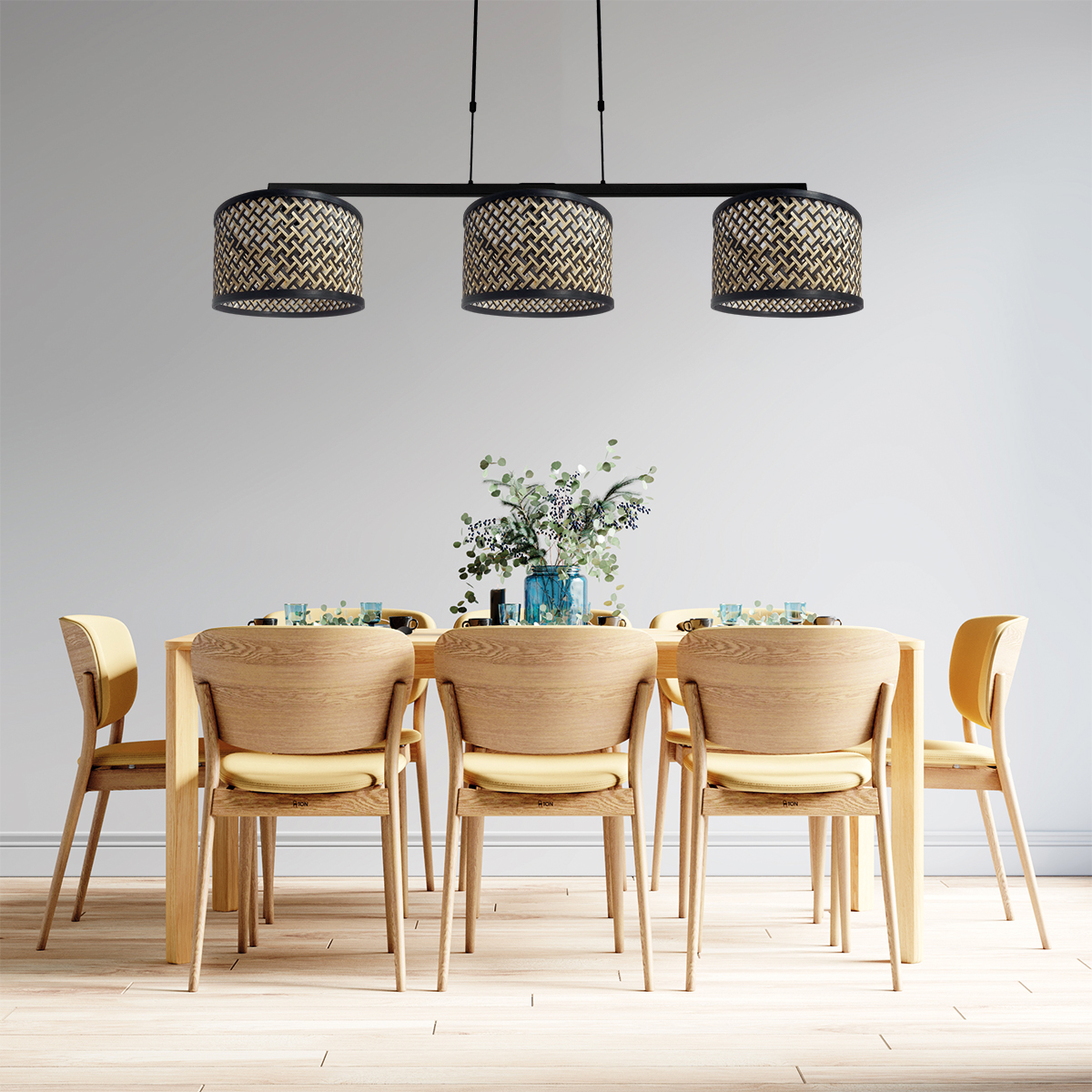 Suspension noire avec trois lumières et abat-jour en osier Steinhauer Stang – Image 3