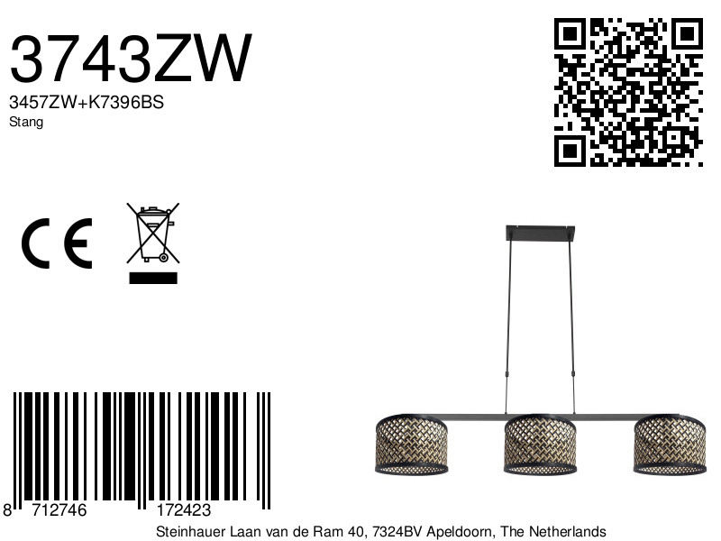 Suspension noire avec trois lumières et abat-jour en osier Steinhauer Stang – Image 8