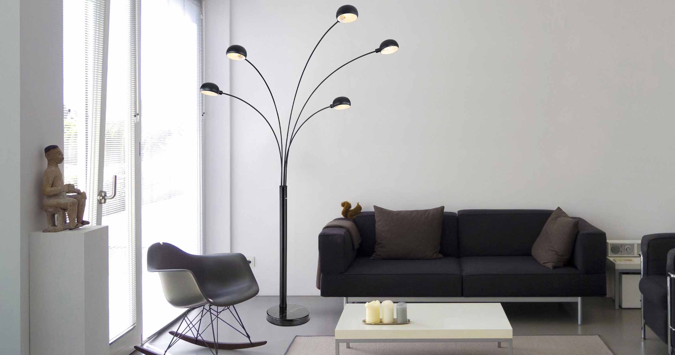 Lampe de sol 5 lumières noir abat-jours dômes Globo Seymour – Image 4