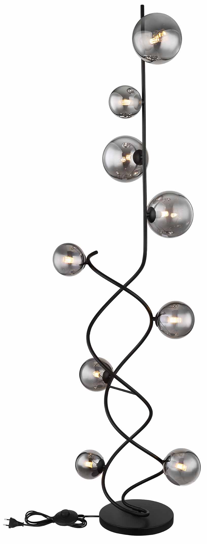Lampe de sol noire tournée 9 boules en verre fumé Globo Riha – Image 3