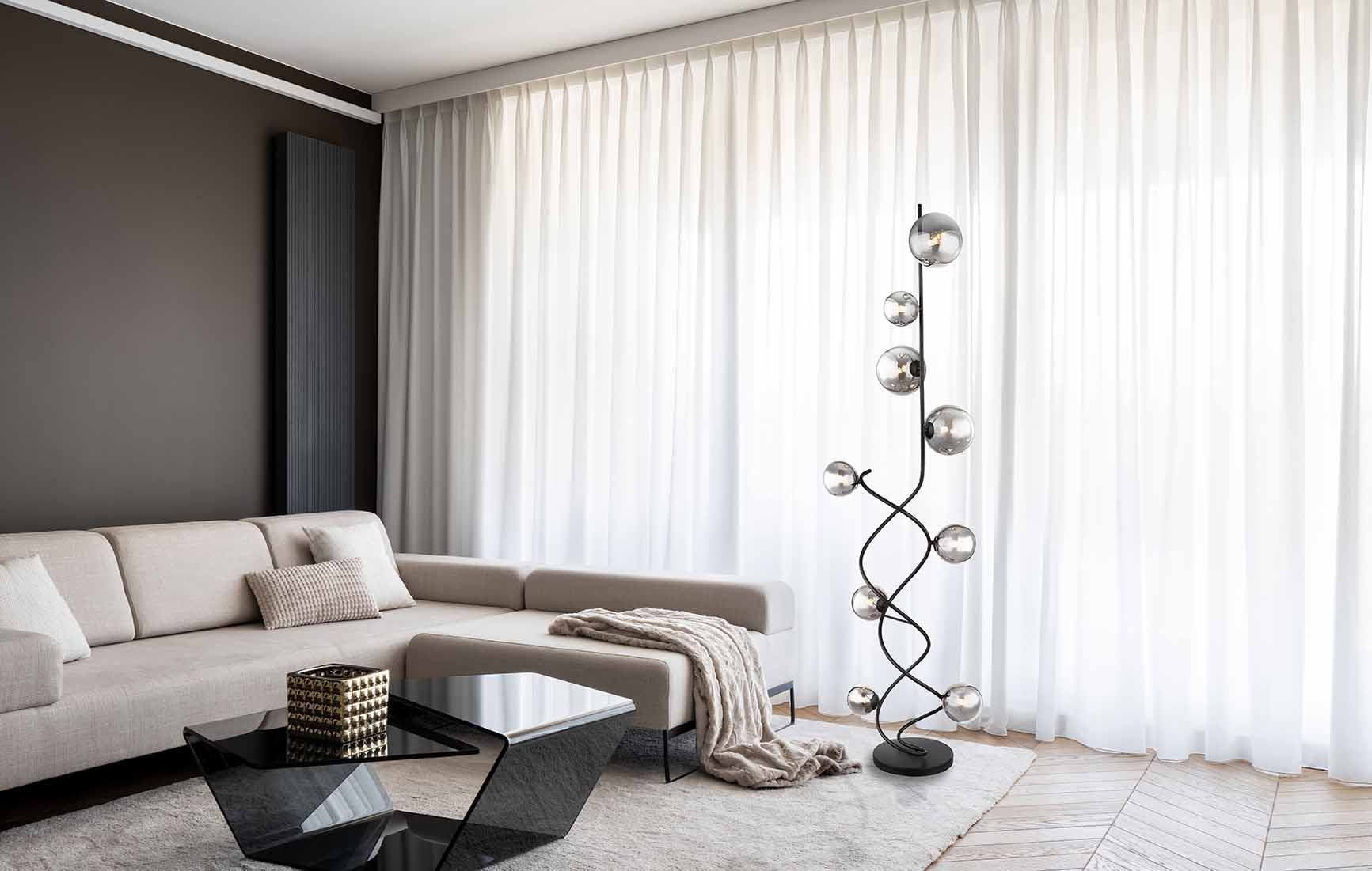 Lampe de sol noire tournée 9 boules en verre fumé Globo Riha – Image 4