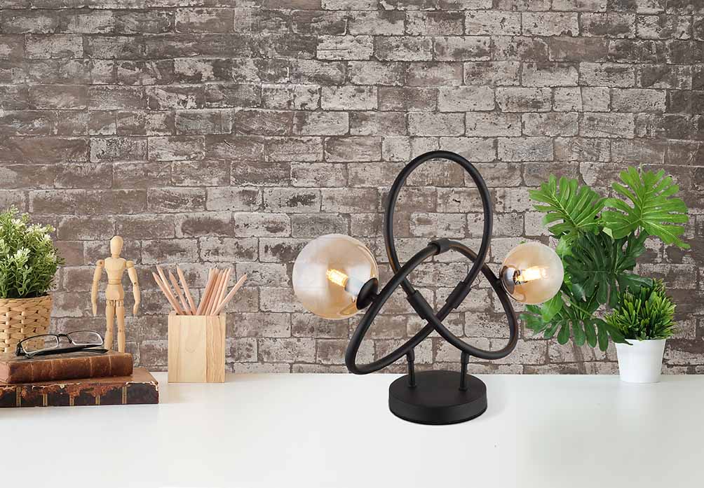 Lampe de table noire tournée 2 boules en verre d'ambre Globo Tuberius – Image 4