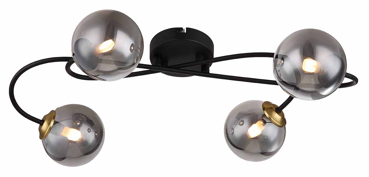 Plafonnier noir/messing tourné 4 boules en verre fumé Globo Jorge – Image 2