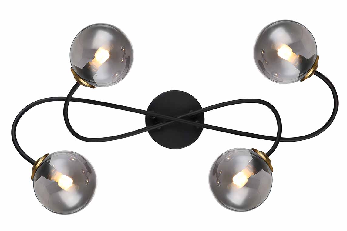 Plafonnier noir/messing tourné 4 boules en verre fumé Globo Jorge – Image 3
