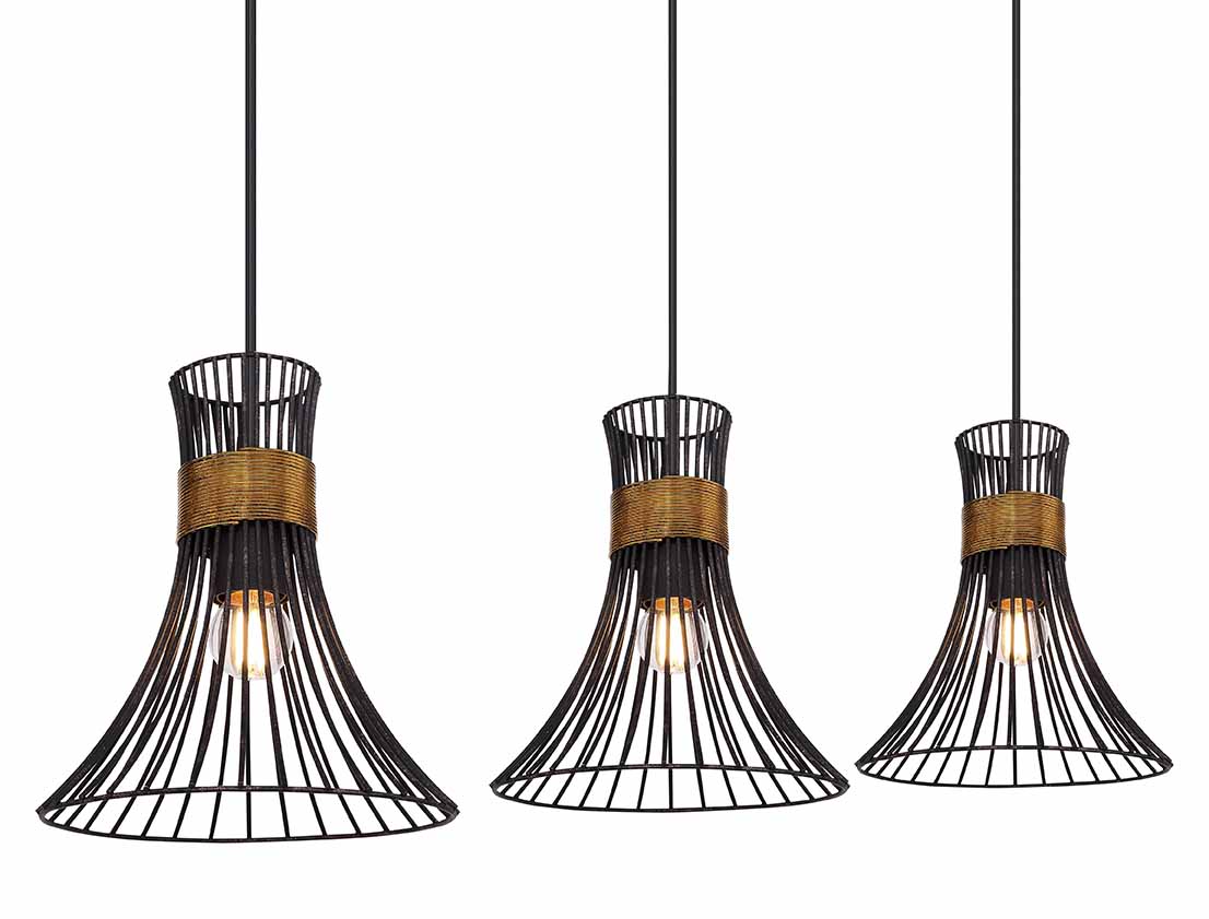 Suspension 3 abat-jours noir/or forme calice Globo Purra – Image 3