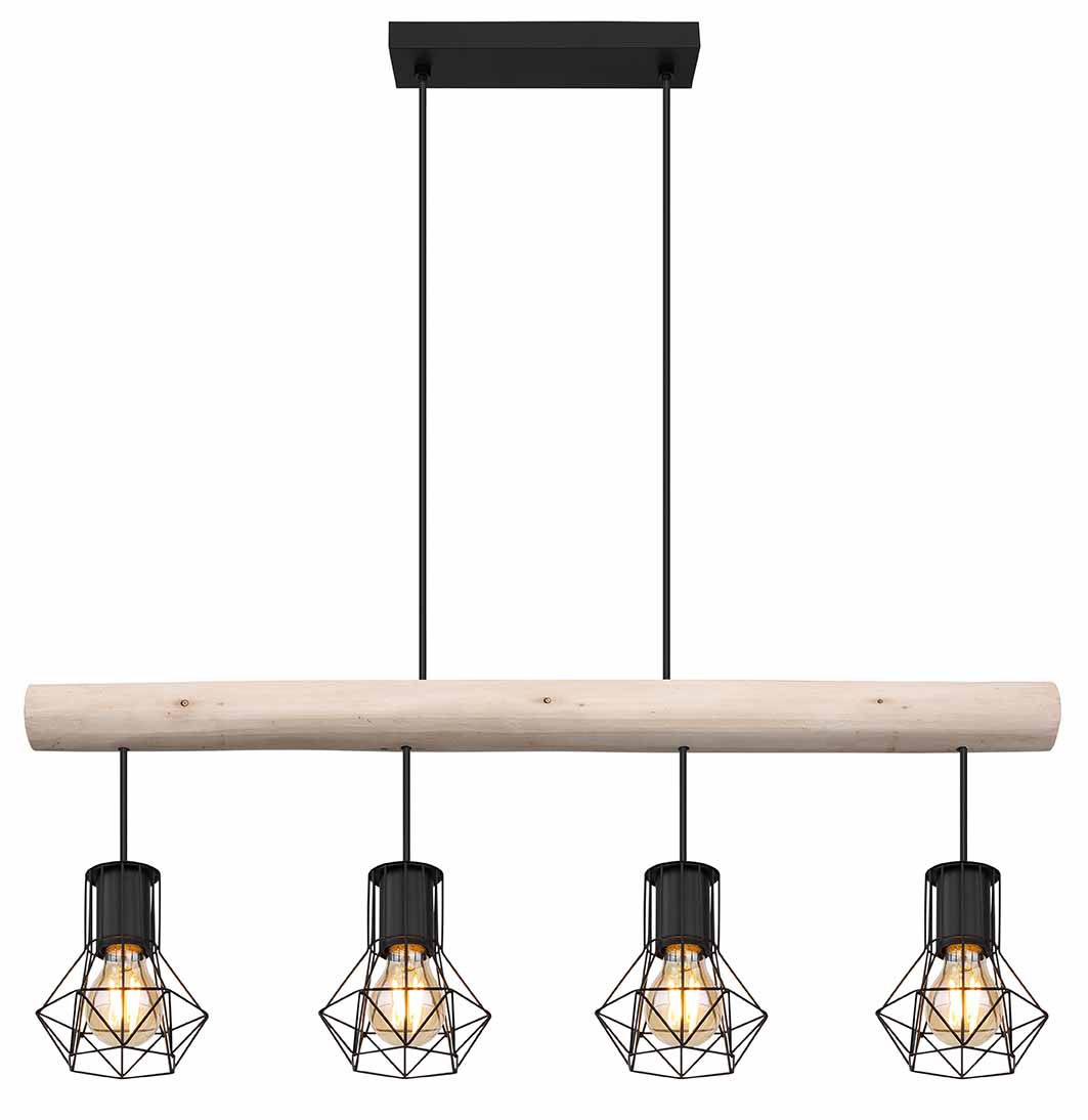 Suspension 4 abat-jours diamant noir métal/bois Globo Priska – Image 2