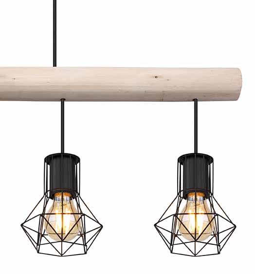 Suspension 4 abat-jours diamant noir métal/bois Globo Priska – Image 3