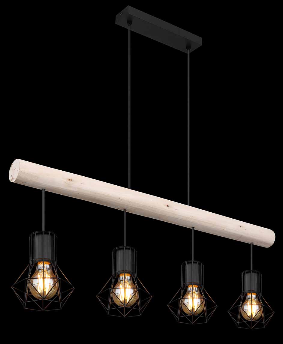 Suspension 4 abat-jours diamant noir métal/bois Globo Priska – Image 4