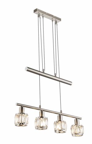 Alternative view of Suspension double barre nickel 4 abat-jours cristal Globo Kris