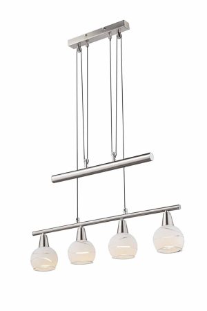 Alternative view of Suspension double barre nickel 4 abat-jours en verre satiné Globo Elliott