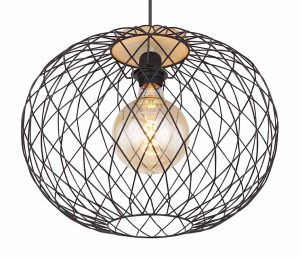 Alternative view of Suspension noir/brun avec capot grille métal/bois Globo Lacky