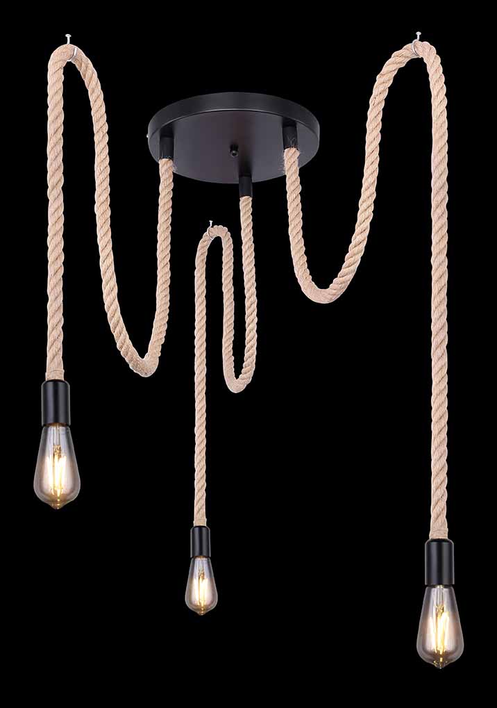 Suspension noire/naturelle 3 lumières avec corde de chanvre Globo Ulleu – Image 3