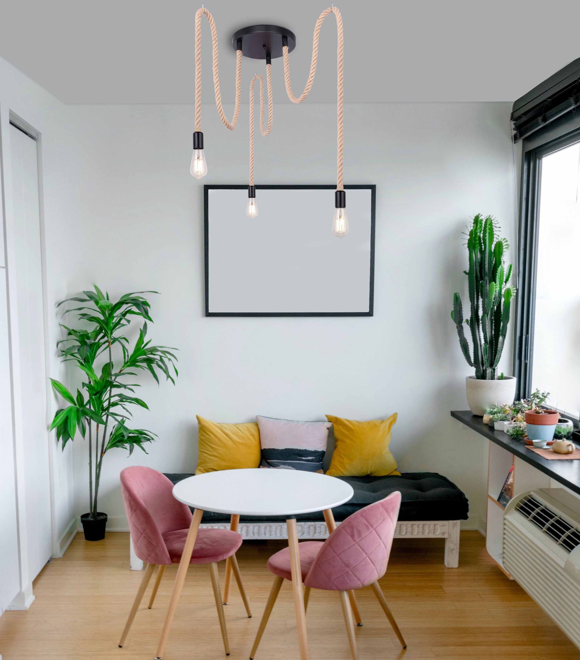 Suspension noire/naturelle 3 lumières avec corde de chanvre Globo Ulleu – Image 4