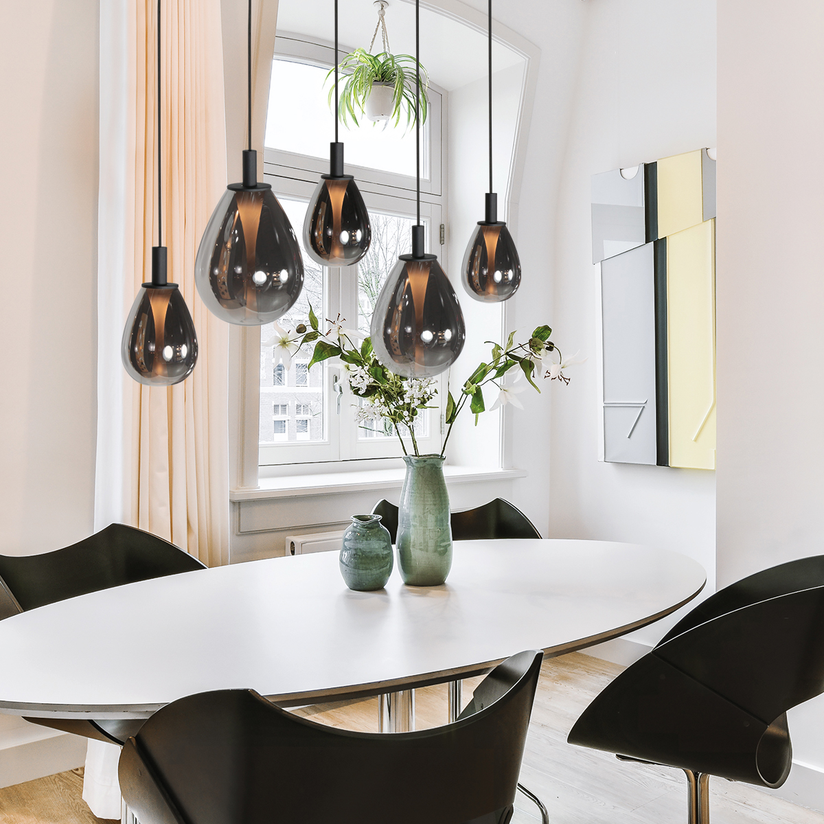 Suspension design noire avec 5 abat-jour en verre fumé Steinhauer Glimsy – Image 3