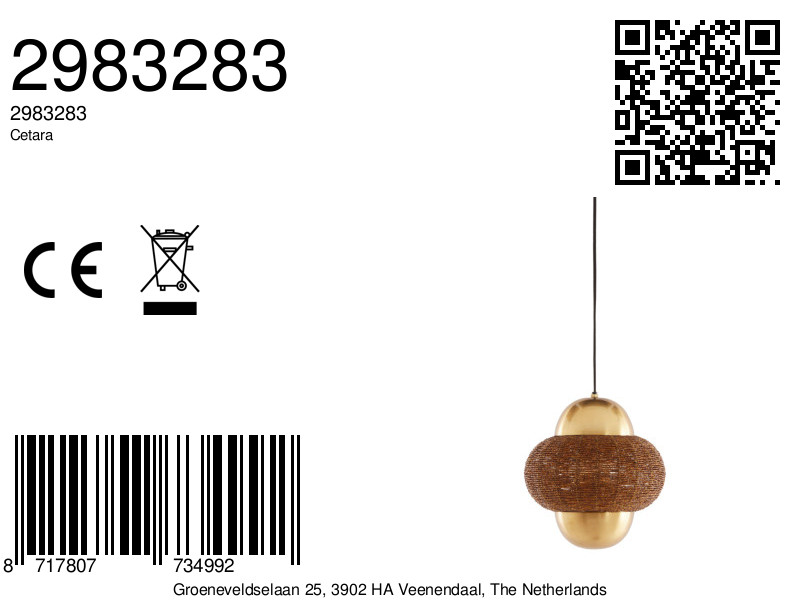 Suspension dorée avec structure rotin en métal Light & Living Cetara – Image 8