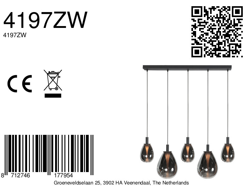Suspension design noire avec 5 abat-jour en verre fumé Steinhauer Glimsy – Image 14