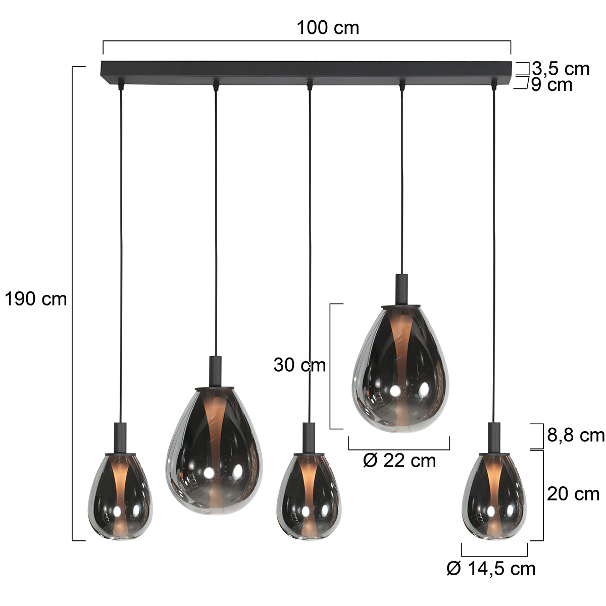 Suspension design noire avec 5 abat-jour en verre fumé Steinhauer Glimsy – Image 7