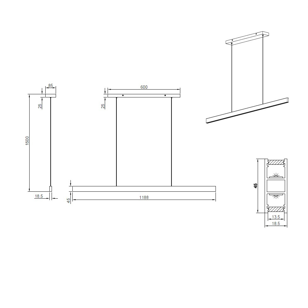 Suspension noire design avec éclairage haut et bas Mexlite BrightLine – Image 7