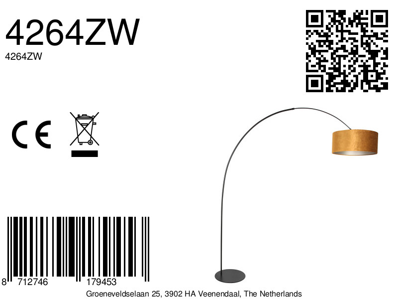 Lampadaire noir avec abat-jour en velours doré Anne Lighting Curve – Image 17