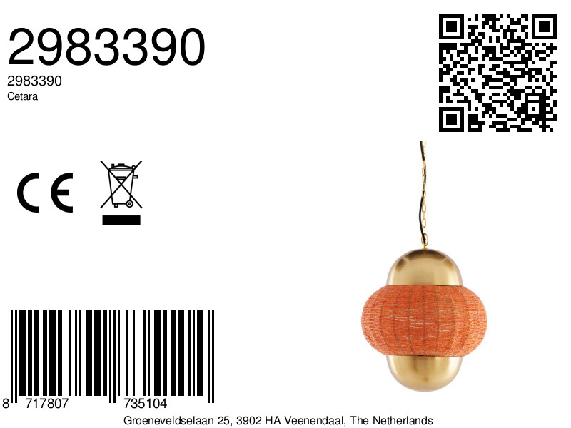 Suspension dorée avec abat-jour orange en tissu Light & Living Cetara – Image 8