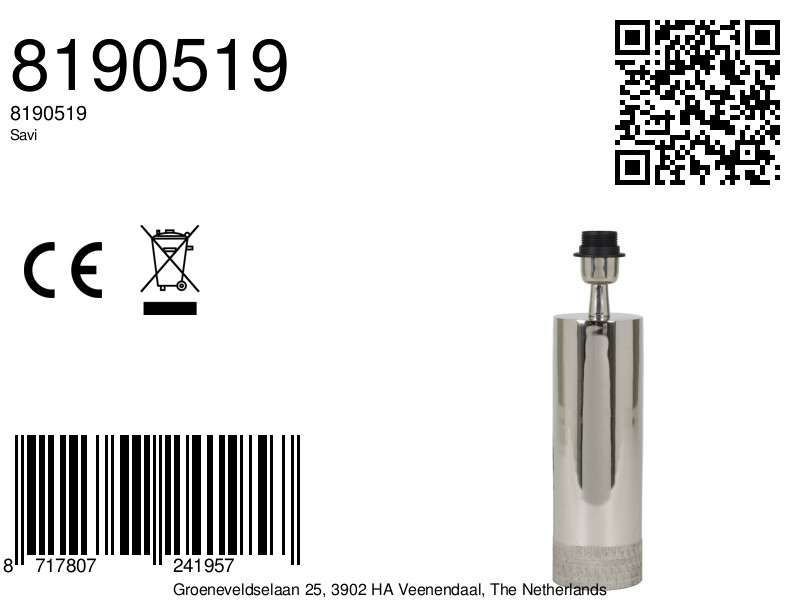 Socle de lampe en forme de cylindre argenté Light & Living Savi – Image 4